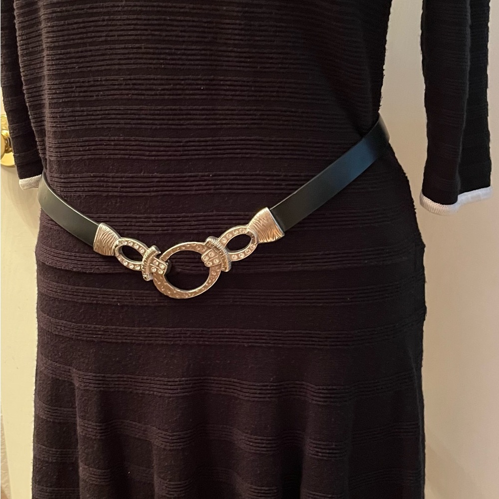 Chicos Black Leather Belt with Silver Sparkly Hardware size ML.